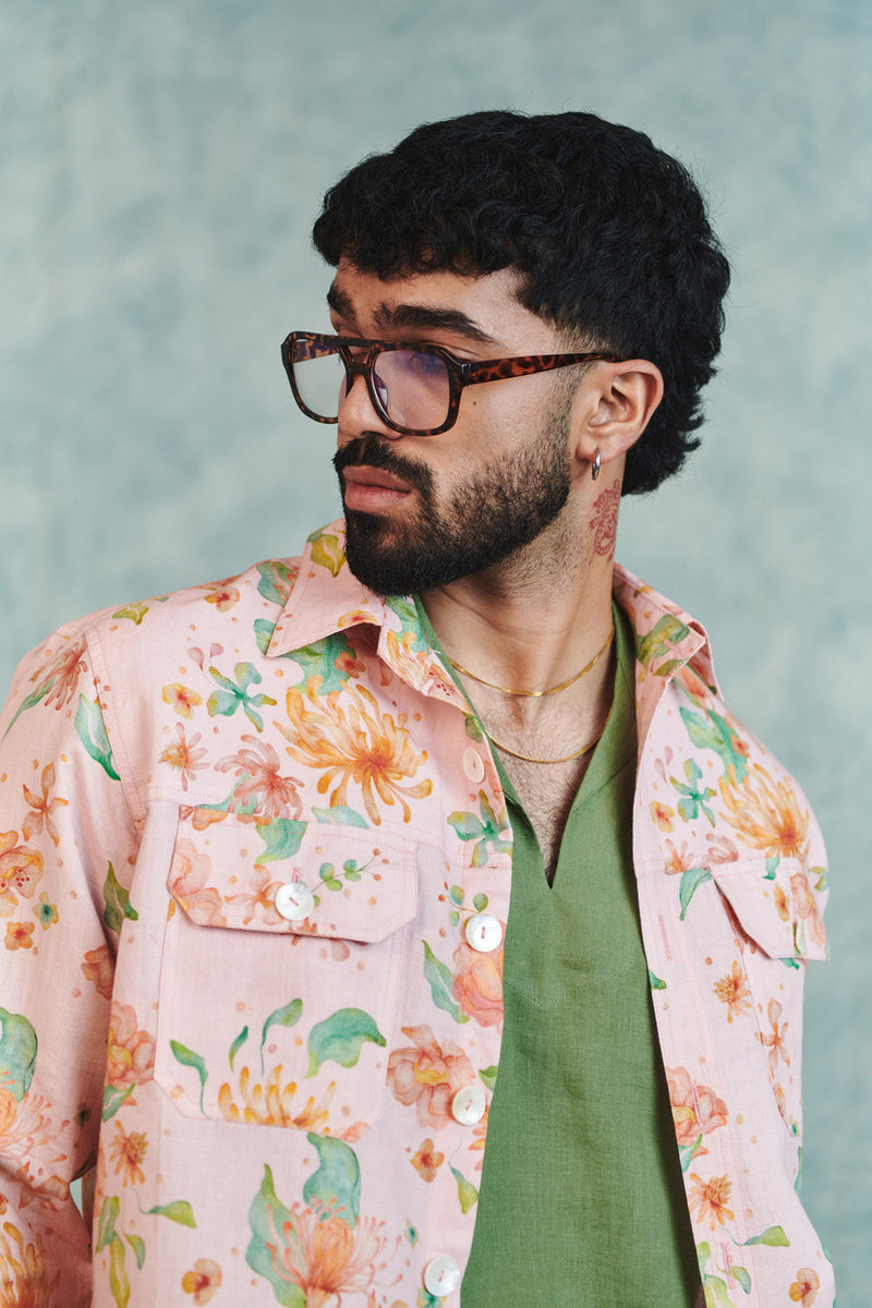 Flora Co-Linen Men's Trucker Jacket cotton linen jacket by Saphed Men in light pink for men in Singapore