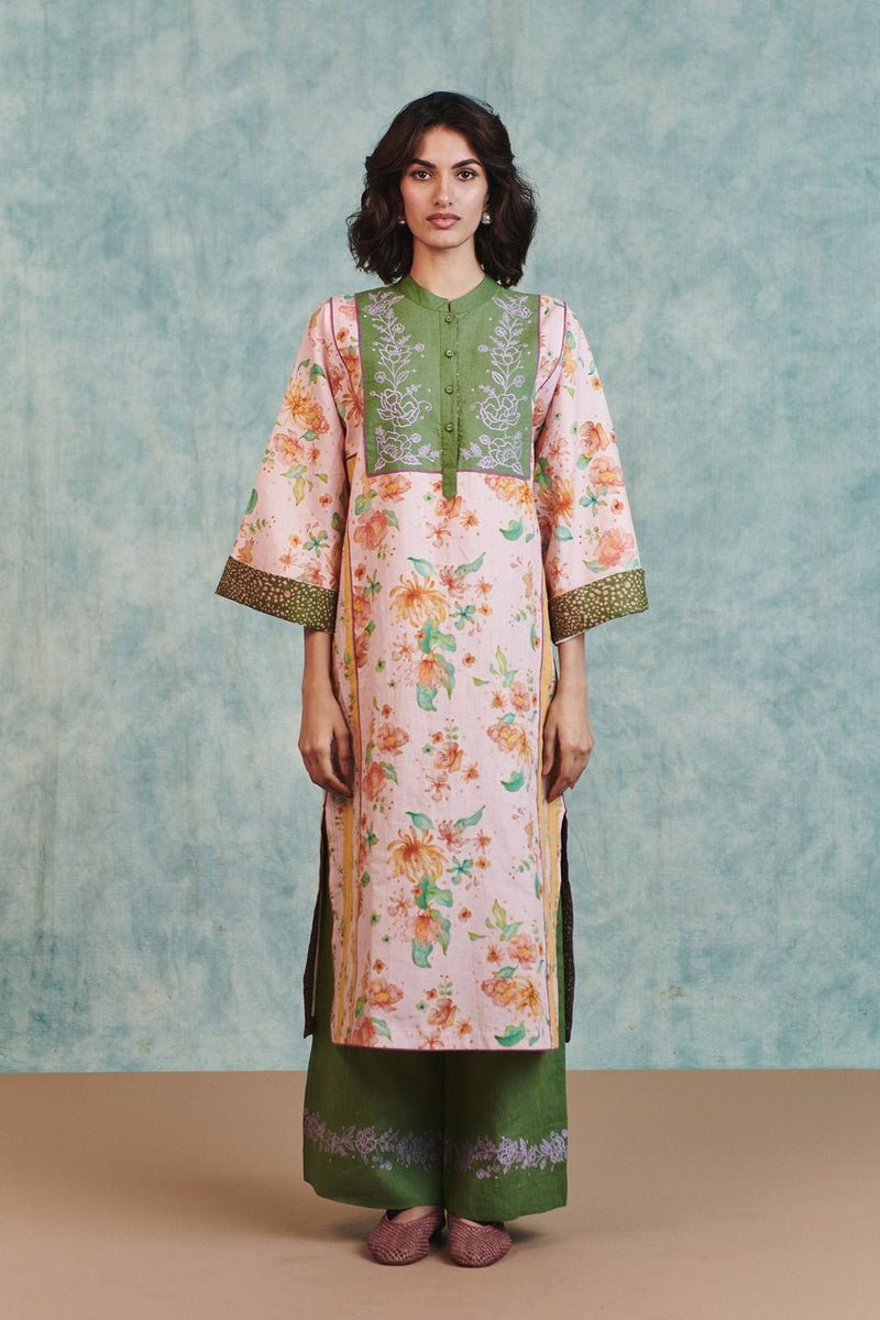 Flora Co Linen Embroidered Multi-Panelled Kurta Set cotton linen light kurta set by Saphed in pink for women in Singapore