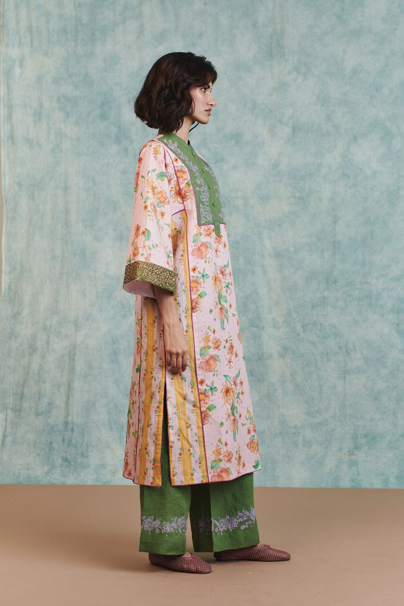 Flora Co Linen Embroidered Multi-Panelled Kurta Set cotton linen light kurta set by Saphed in pink for women in Singapore