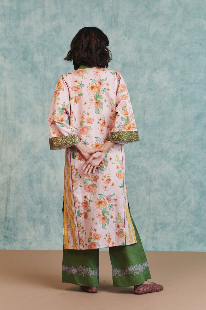 Flora Co Linen Embroidered Multi-Panelled Kurta Set cotton linen light kurta set by Saphed in pink for women in Singapore