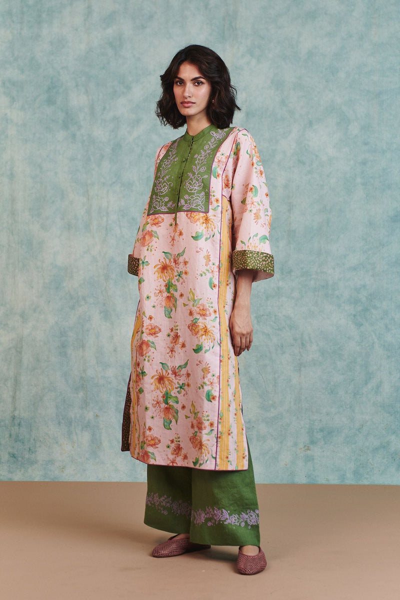 Flora Co Linen Embroidered Multi-Panelled Kurta Set cotton linen light kurta set by Saphed in pink for women in Singapore