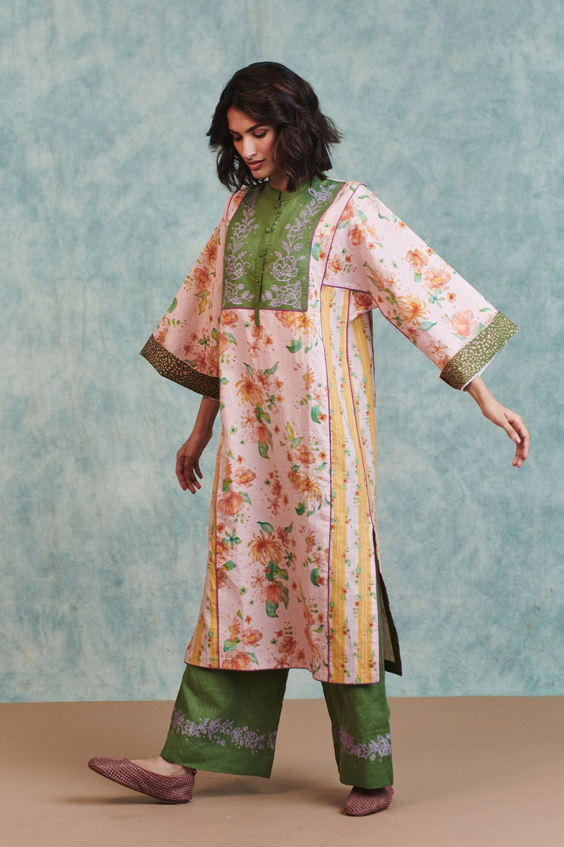 Flora Co Linen Embroidered Multi-Panelled Kurta Set cotton linen light kurta set by Saphed in pink for women in Singapore