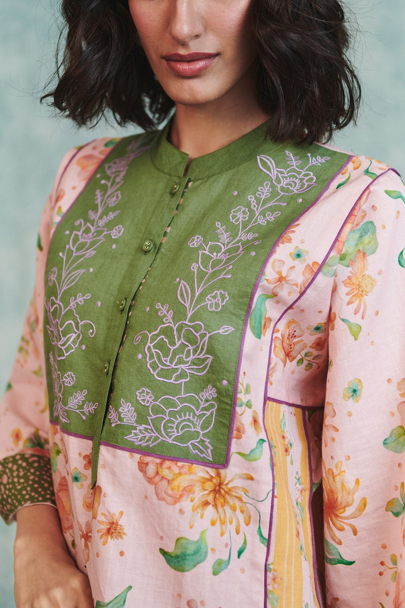 Flora Co Linen Embroidered Multi-Panelled Kurta Set cotton linen light kurta set by Saphed in pink for women in Singapore