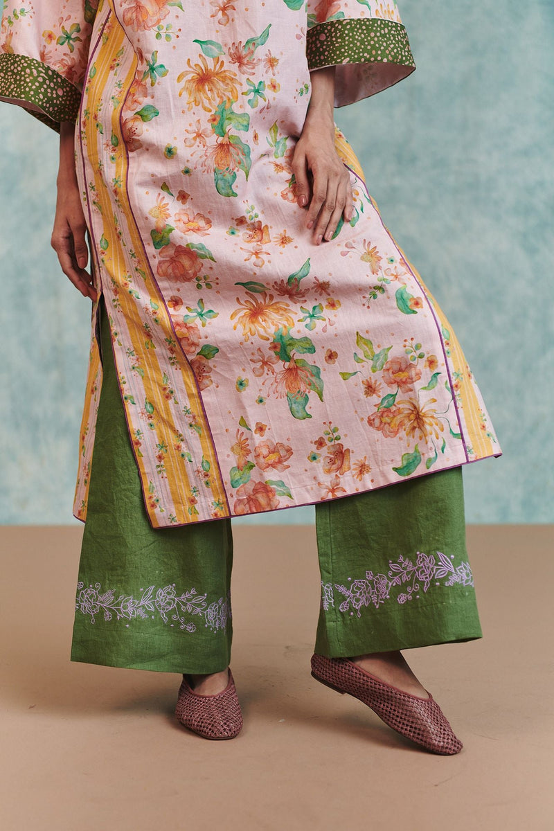 Flora Co Linen Embroidered Multi-Panelled Kurta Set cotton linen light kurta set by Saphed in pink for women in Singapore