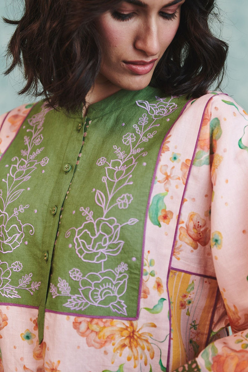 Flora Co Linen Embroidered Multi-Panelled Kurta Set cotton linen light kurta set by Saphed in pink for women in Singapore