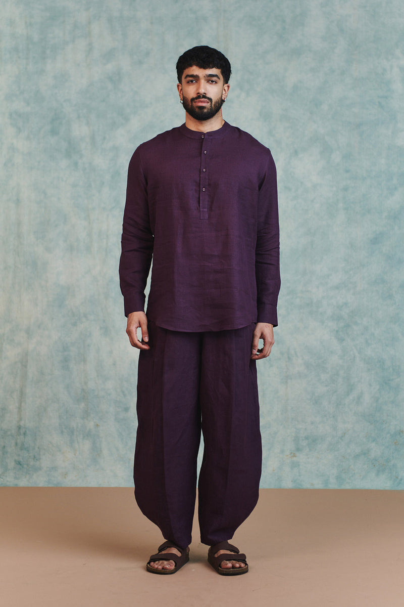 Plum Linen Men's Shirt Kurta & Barrel Pants Set linen kurta/kurta set by Saphed Men in plum for men in Singapore