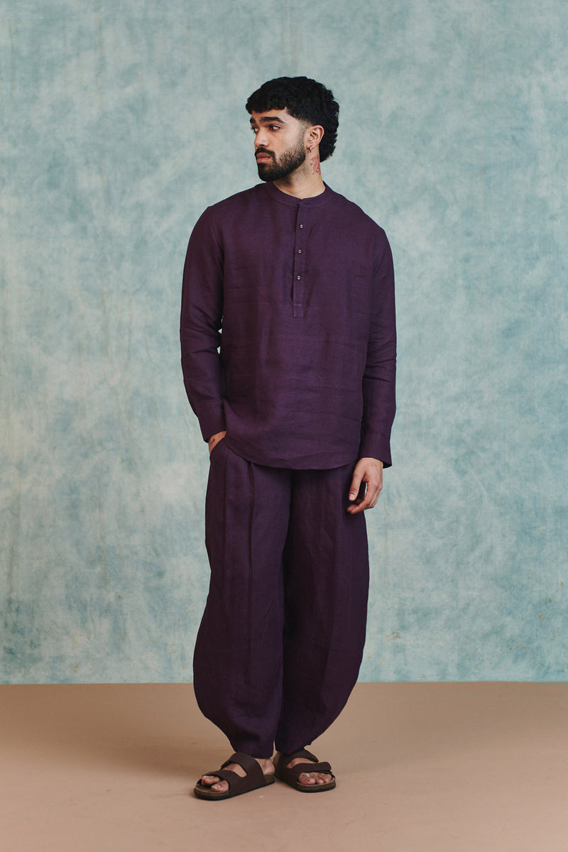 Plum Linen Men's Shirt Kurta & Barrel Pants Set linen kurta/kurta set by Saphed Men in plum for men in Singapore