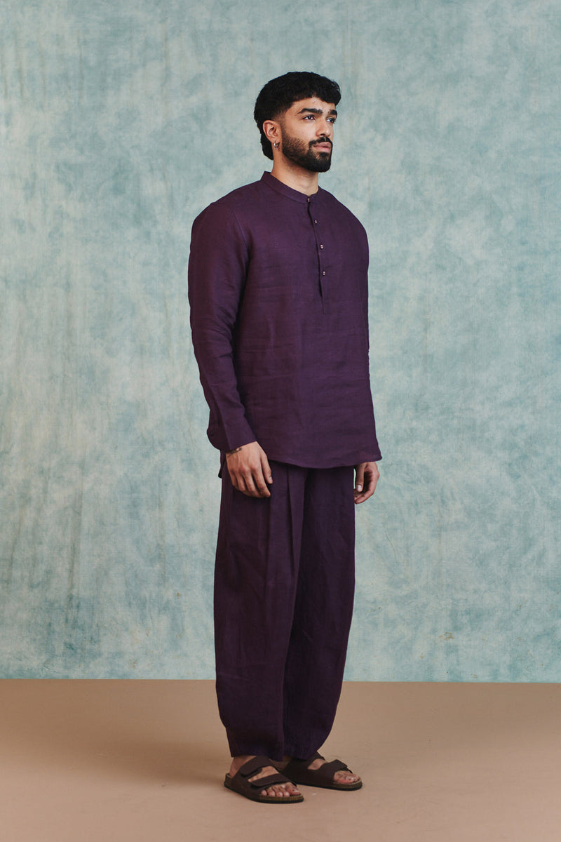 Plum Linen Men's Shirt Kurta & Barrel Pants Set linen kurta/kurta set by Saphed Men in plum for men in Singapore