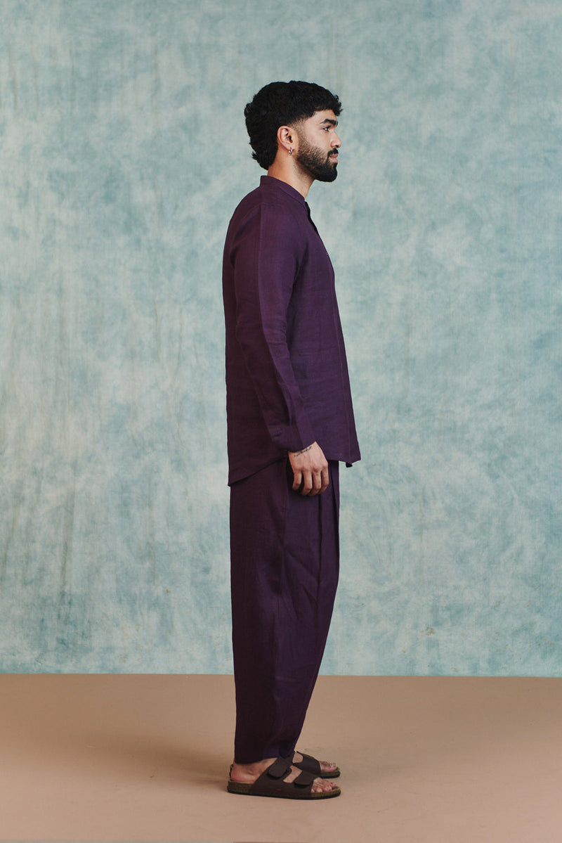 Plum Linen Men's Barrel Pants linen pant/trouser by Saphed Men in plum for men in Singapore