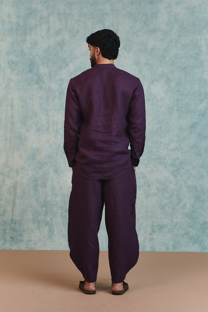 Plum Linen Men's Shirt Kurta & Barrel Pants Set linen kurta/kurta set by Saphed Men in plum for men in Singapore