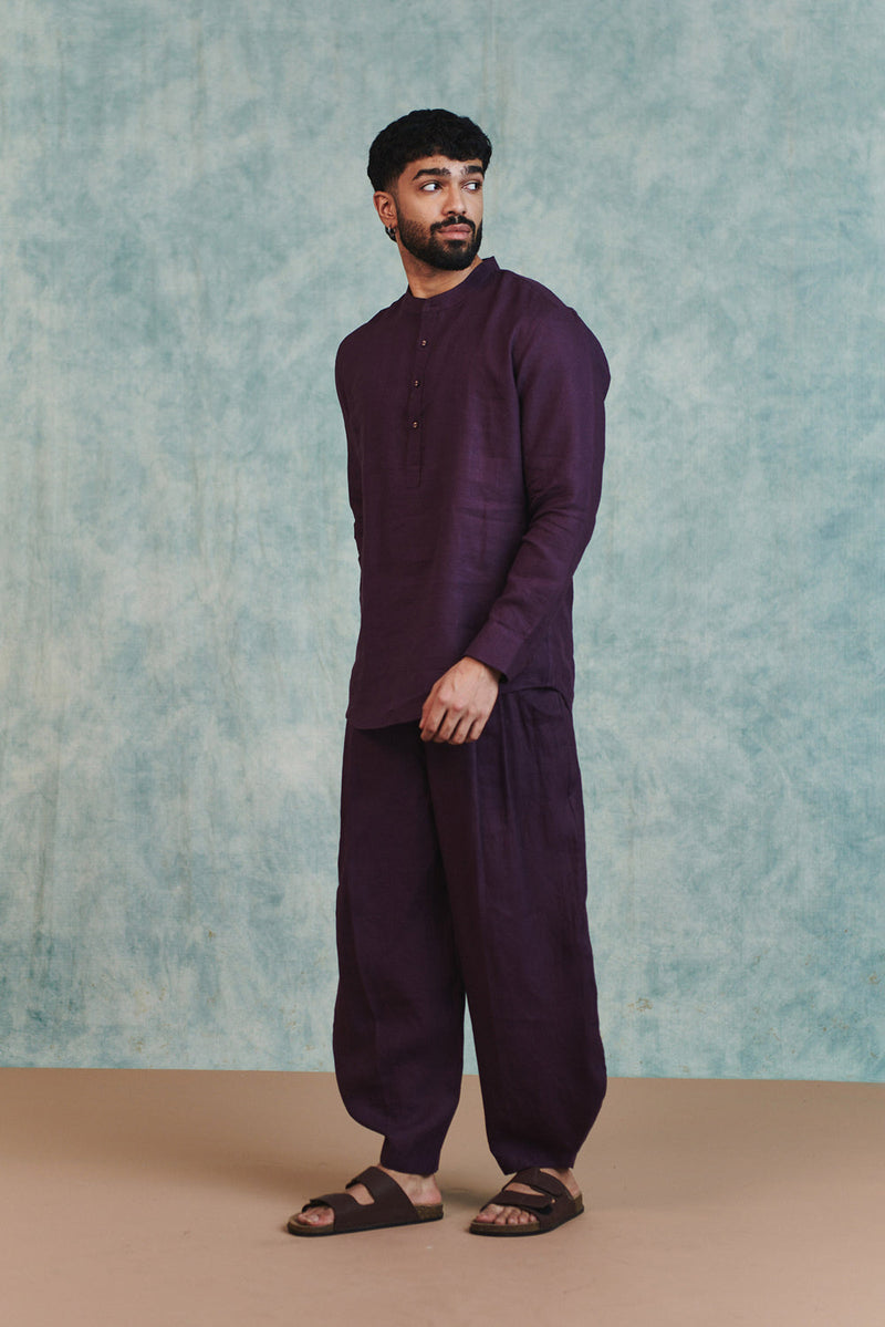 Plum Linen Men's Shirt Kurta linen shirt by Saphed Men in plum for men in Singapore