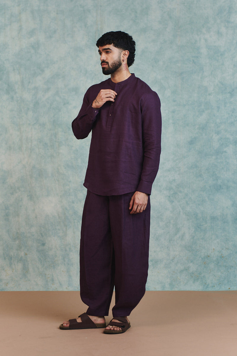 Plum Linen Men's Shirt Kurta linen shirt by Saphed Men in plum for men in Singapore