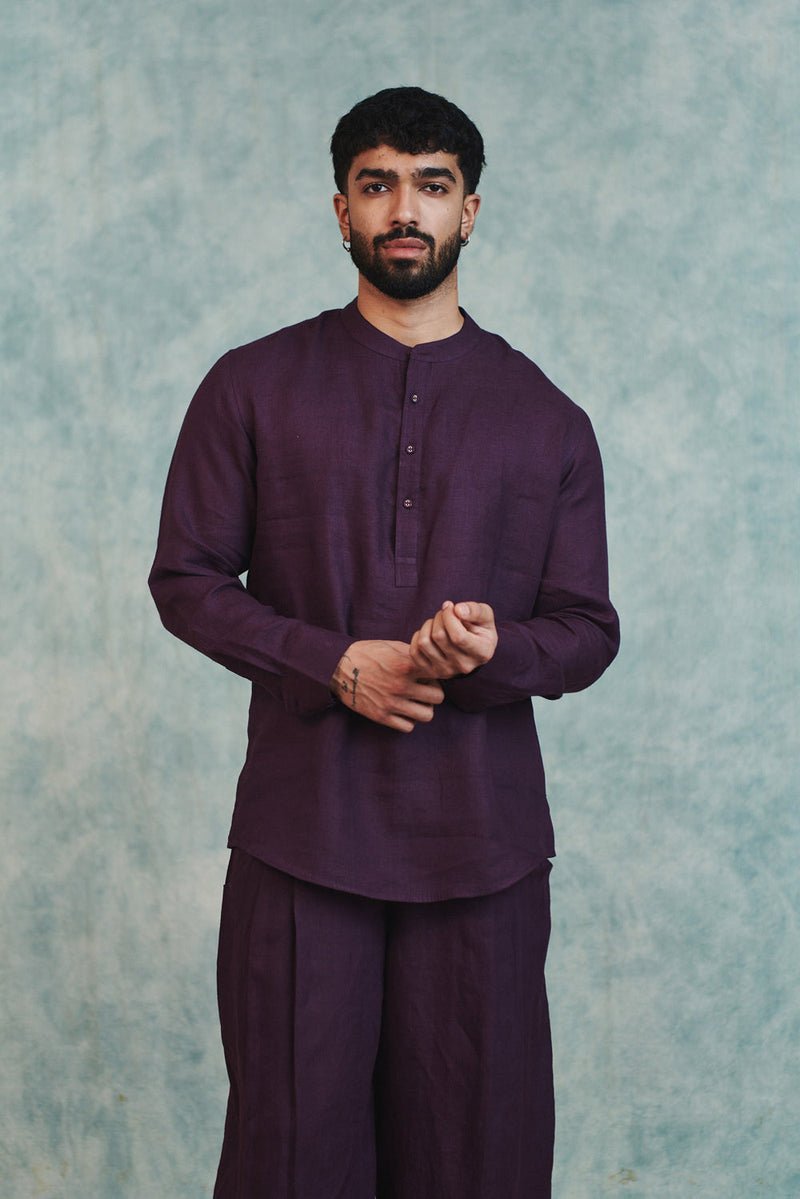 Plum Linen Men's Shirt Kurta linen shirt by Saphed Men in plum for men in Singapore