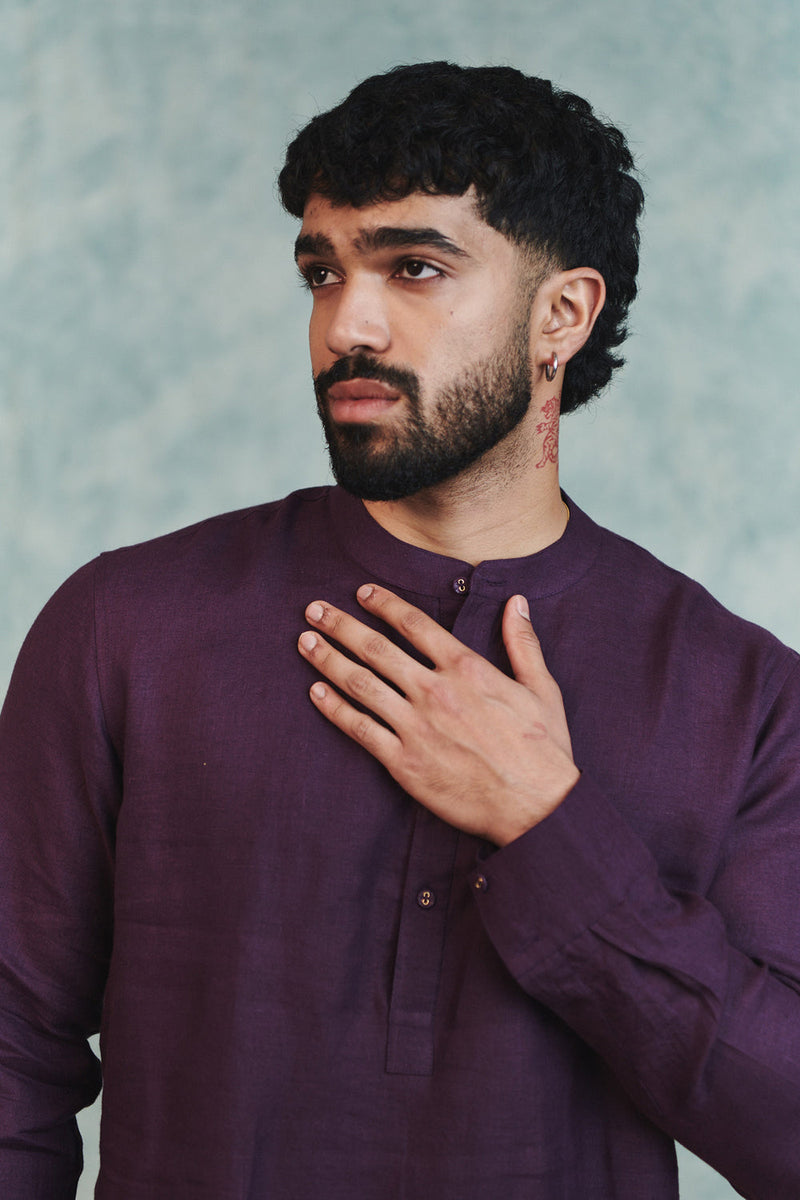Plum Linen Men's Shirt Kurta linen shirt by Saphed Men in plum for men in Singapore