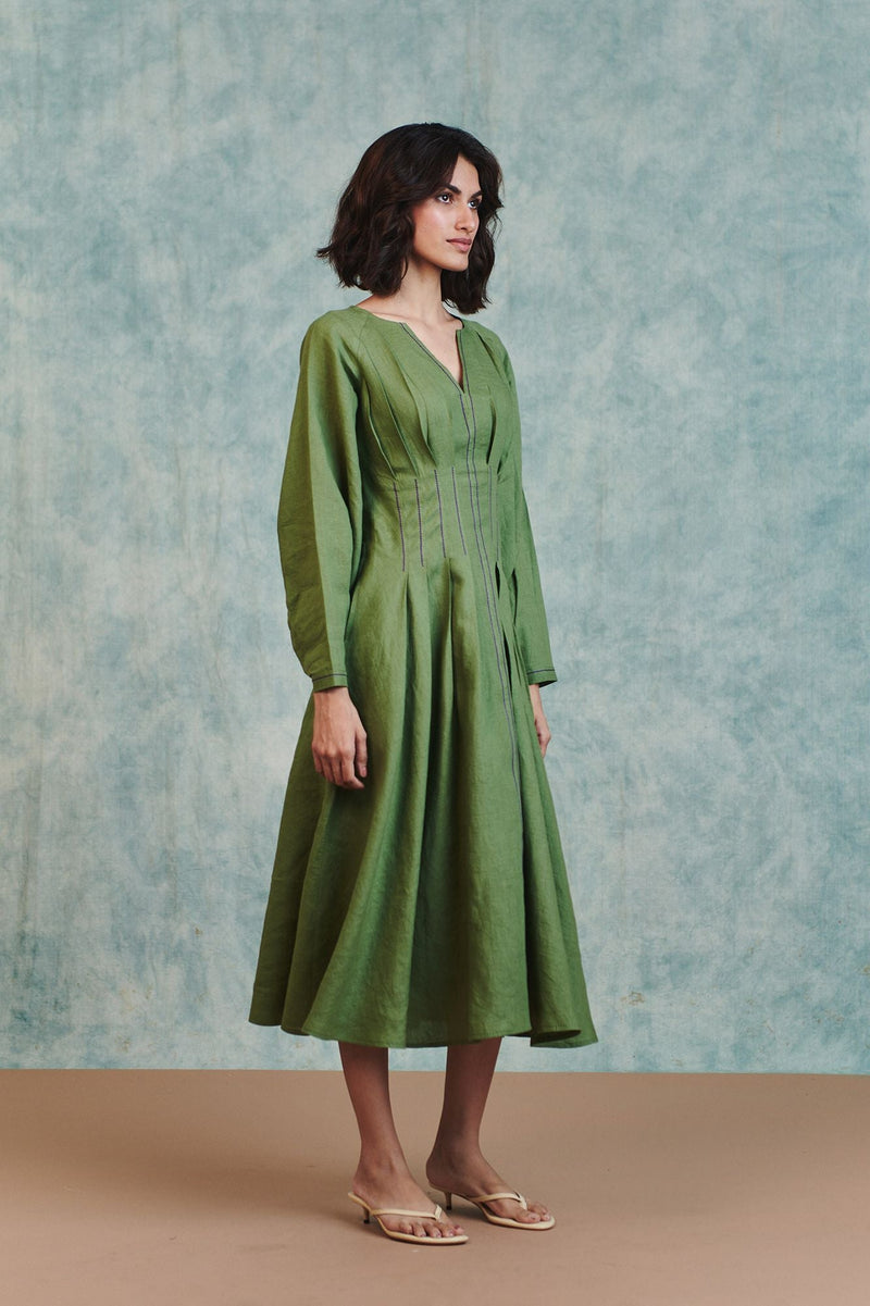 Moss Linen Pleated Waist Dress 100% pure linen dress by Saphed in moss green for women in Singapore