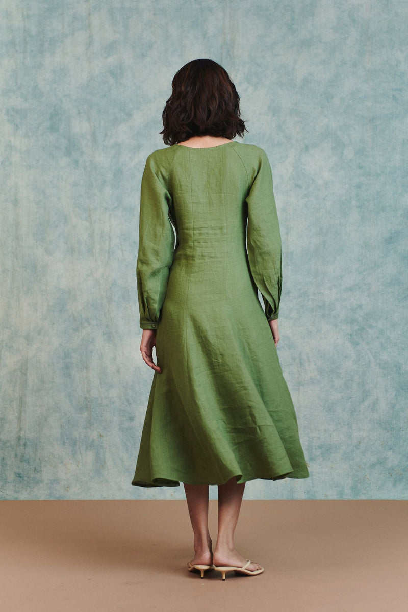 Moss Linen Pleated Waist Dress 100% pure linen dress by Saphed in moss green for women in Singapore