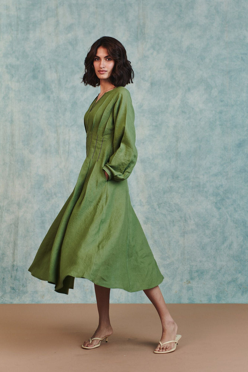 Moss Linen Pleated Waist Dress 100% pure linen dress by Saphed in moss green for women in Singapore