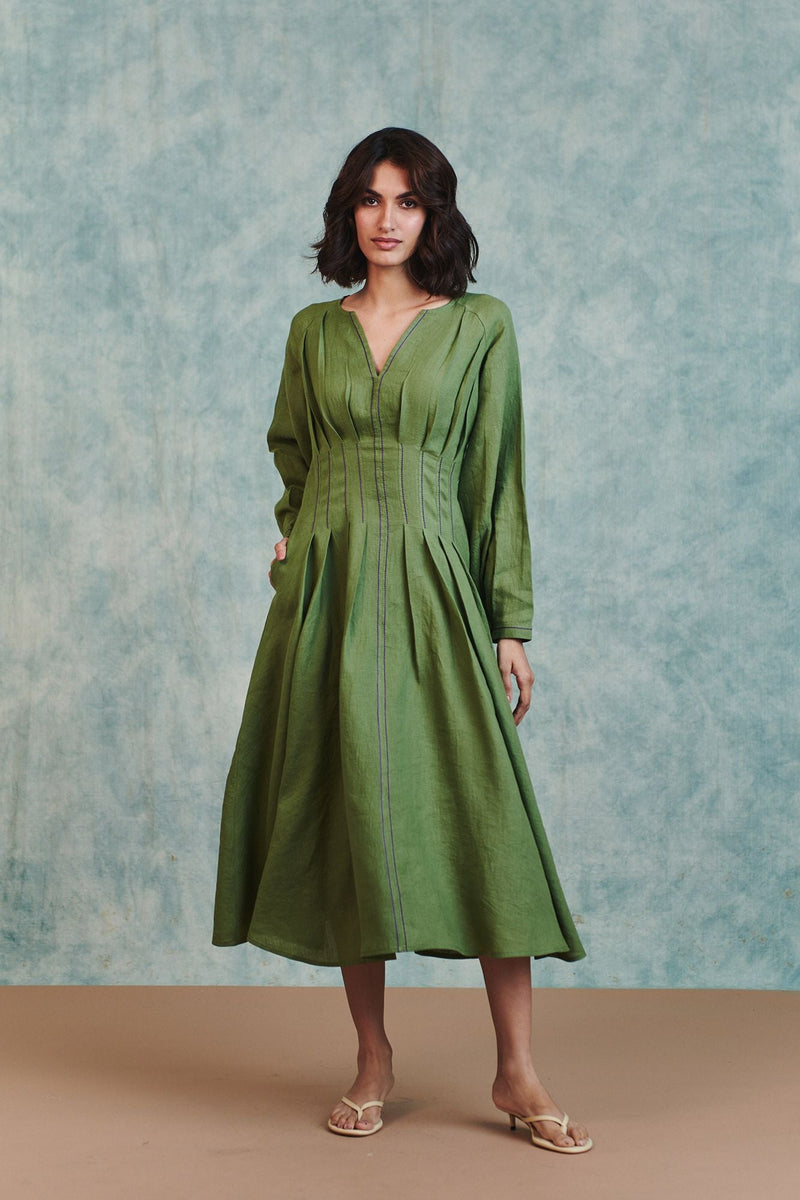 Moss Linen Pleated Waist Dress 100% pure linen dress by Saphed in moss green for women in Singapore