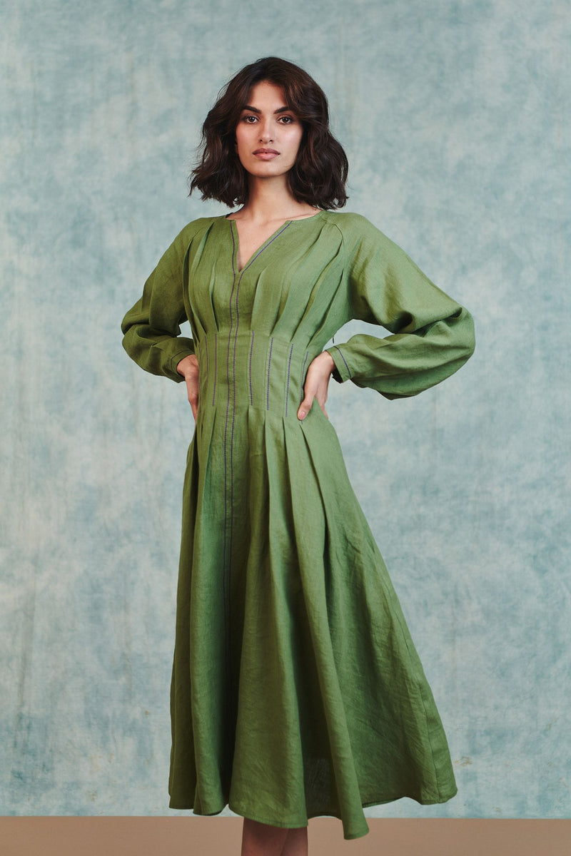 Moss Linen Pleated Waist Dress 100% pure linen dress by Saphed in moss green for women in Singapore
