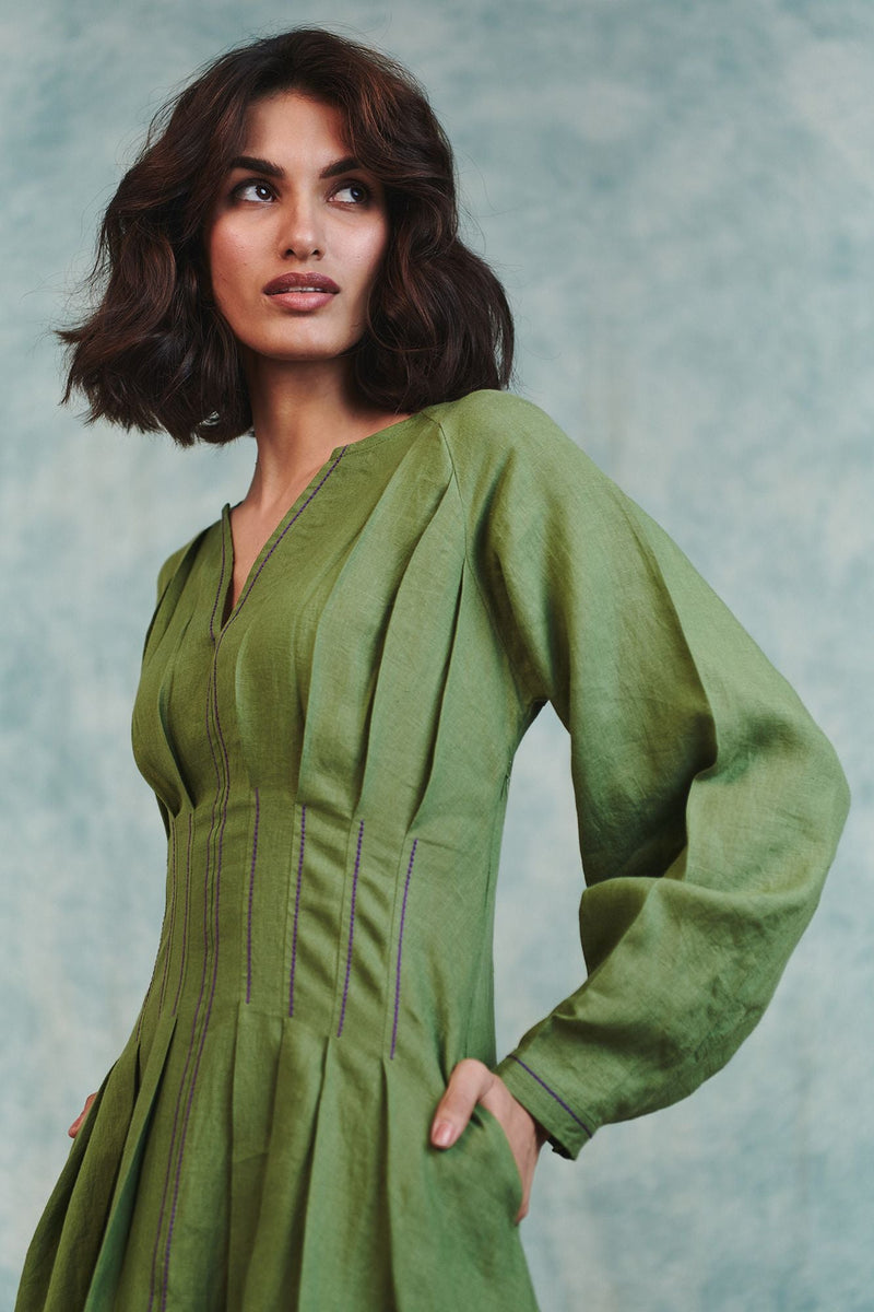 Moss Linen Pleated Waist Dress 100% pure linen dress by Saphed in moss green for women in Singapore