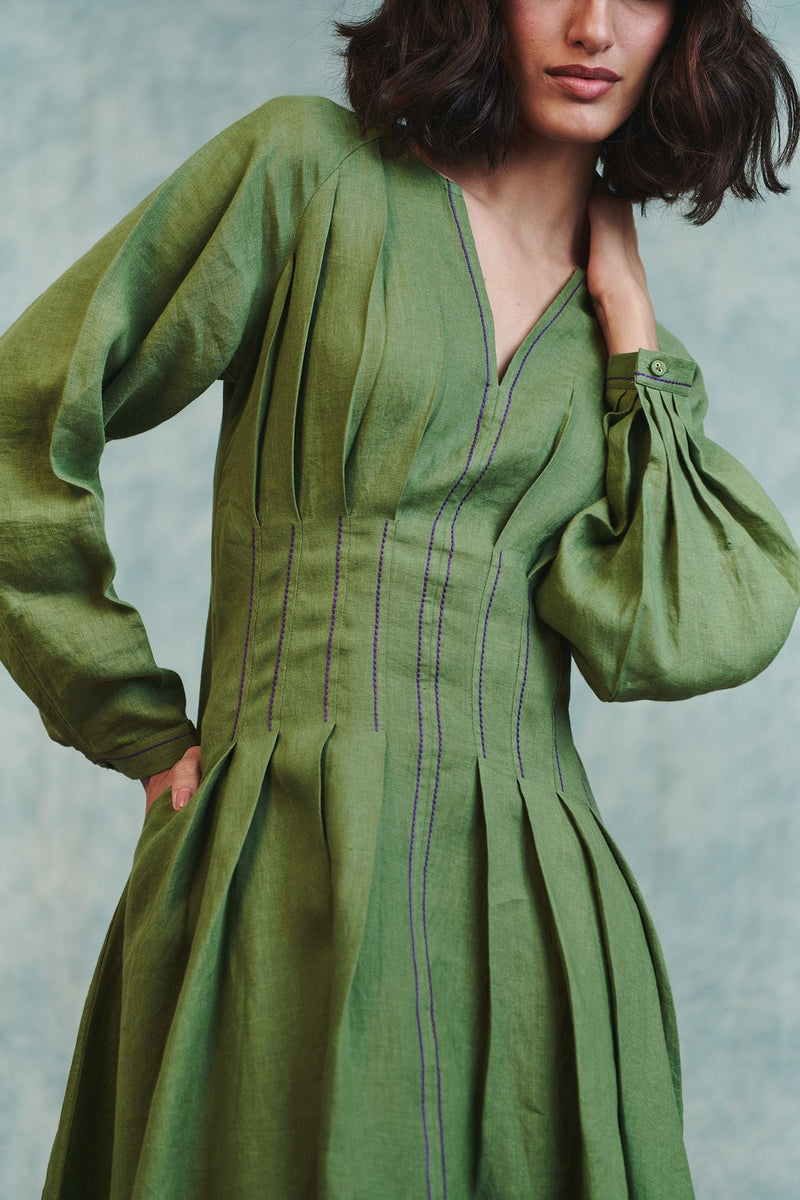 Moss Linen Pleated Waist Dress 100% pure linen dress by Saphed in moss green for women in Singapore