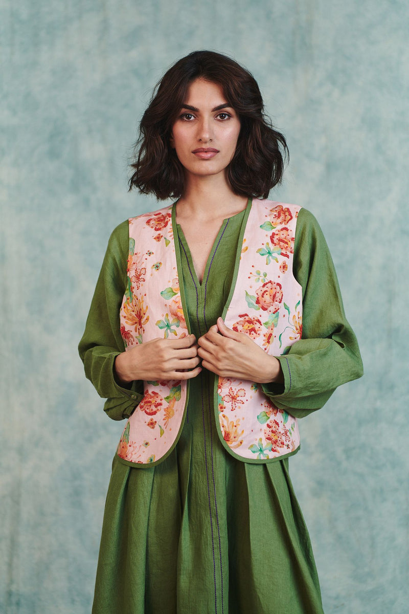 Flora Co Linen Embroidered Rounded Waistcoat cotton linen jacket/overlay by Saphed in light pink for women in Singapore