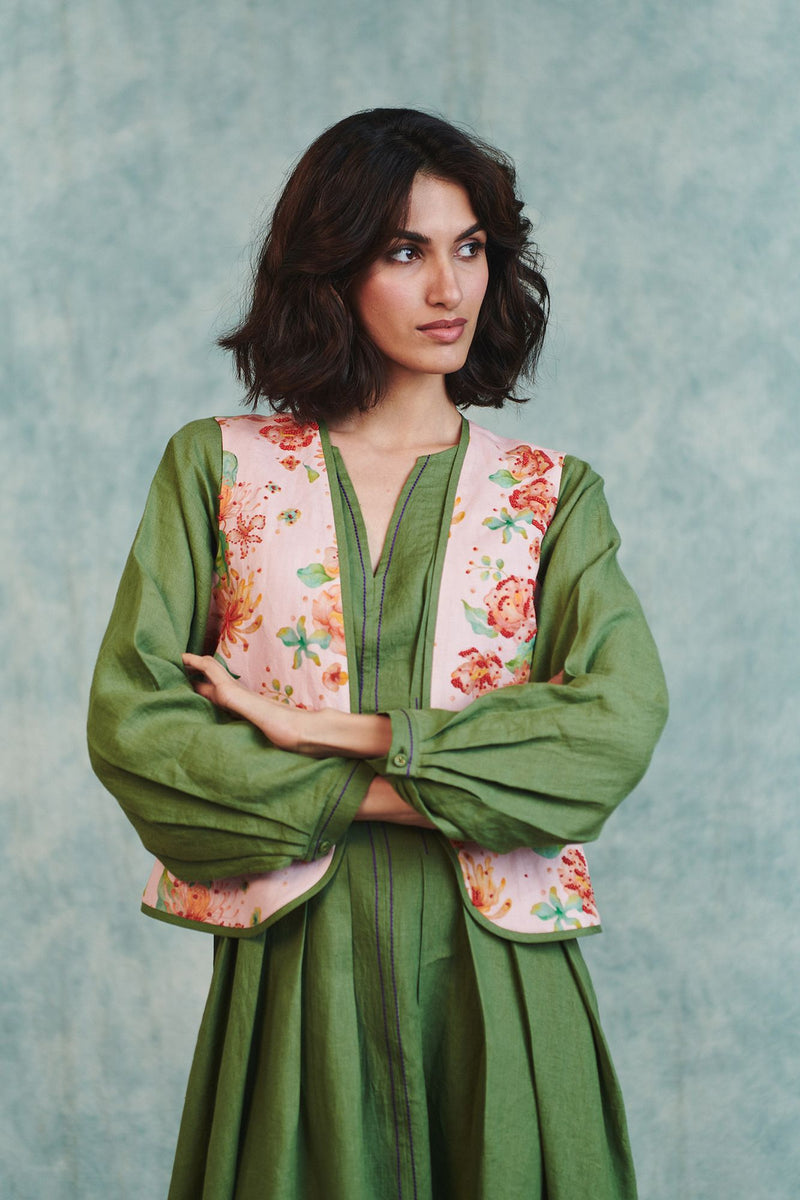 Flora Co Linen Embroidered Rounded Waistcoat cotton linen jacket/overlay by Saphed in light pink for women in Singapore