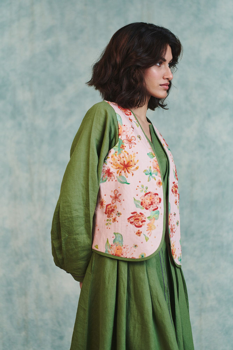 Flora Co Linen Embroidered Rounded Waistcoat cotton linen jacket/overlay by Saphed in light pink for women in Singapore