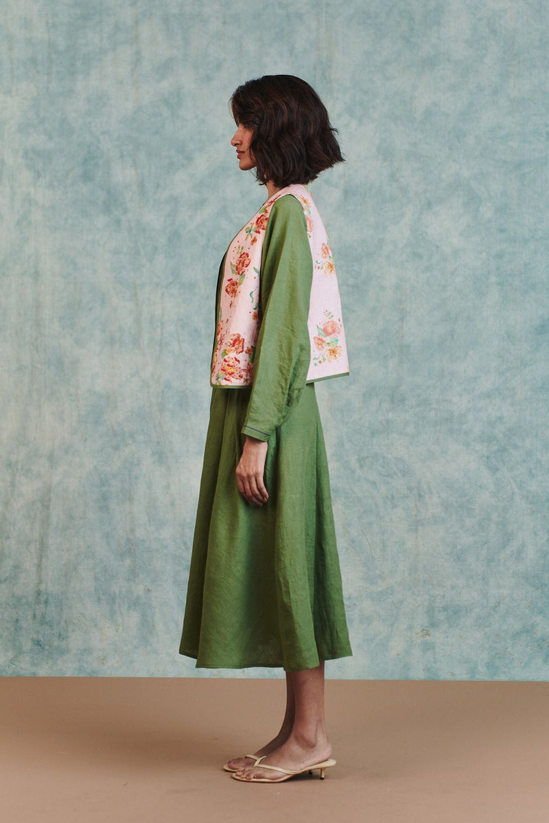 Flora Co Linen Embroidered Rounded Waistcoat cotton linen jacket/overlay by Saphed in light pink for women in Singapore