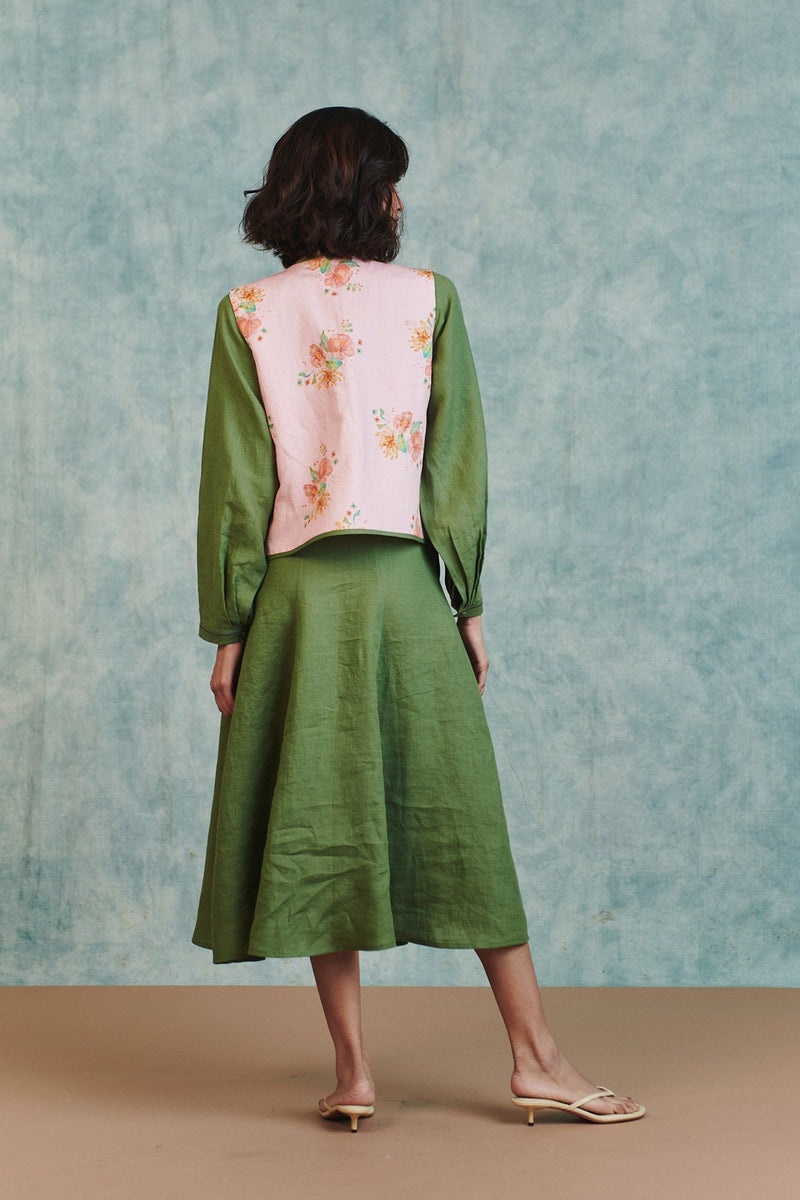 Flora Co Linen Embroidered Rounded Waistcoat cotton linen jacket/overlay by Saphed in light pink for women in Singapore