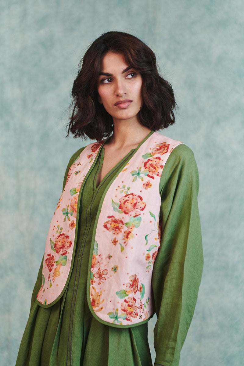 Flora Co Linen Embroidered Rounded Waistcoat cotton linen jacket/overlay by Saphed in light pink for women in Singapore