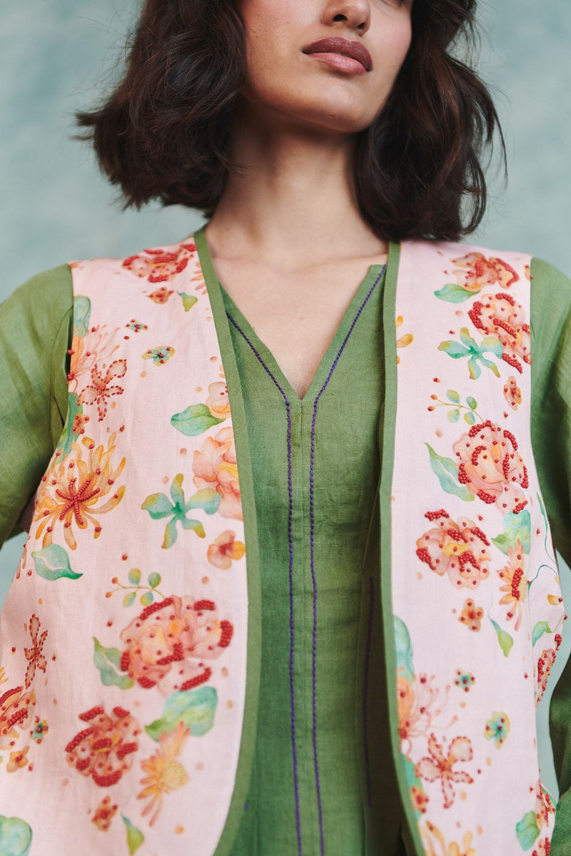 Flora Co Linen Embroidered Rounded Waistcoat cotton linen jacket/overlay by Saphed in light pink for women in Singapore