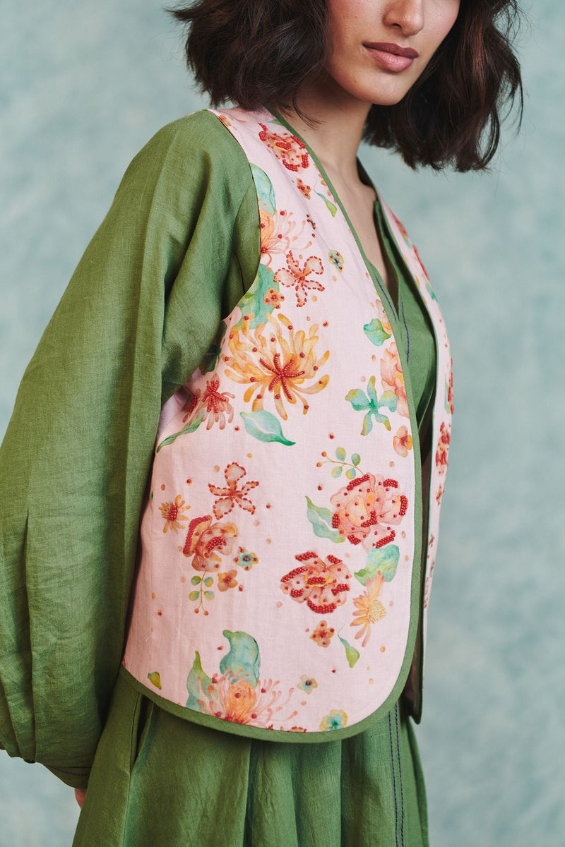 Flora Co Linen Embroidered Rounded Waistcoat cotton linen jacket/overlay by Saphed in light pink for women in Singapore