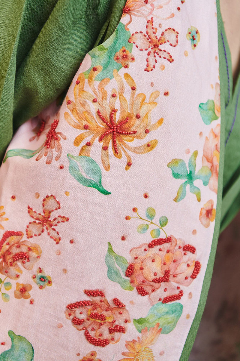 Flora Co Linen Embroidered Rounded Waistcoat cotton linen jacket/overlay by Saphed in light pink for women in Singapore