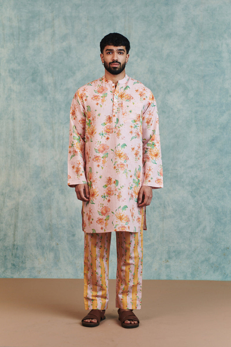 Flora Co-Linen Men's Classic Kurta cotton linen kurta/kurta set by Saphed Men in light pink for men in Singapore