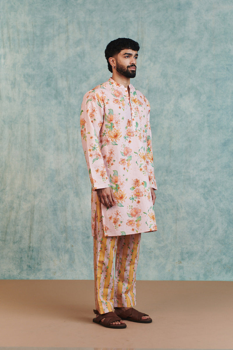 Flora Co-Linen Men's Classic Kurta Set cotton linen kurta/kurta set by Saphed Men in light pink for men in Singapore
