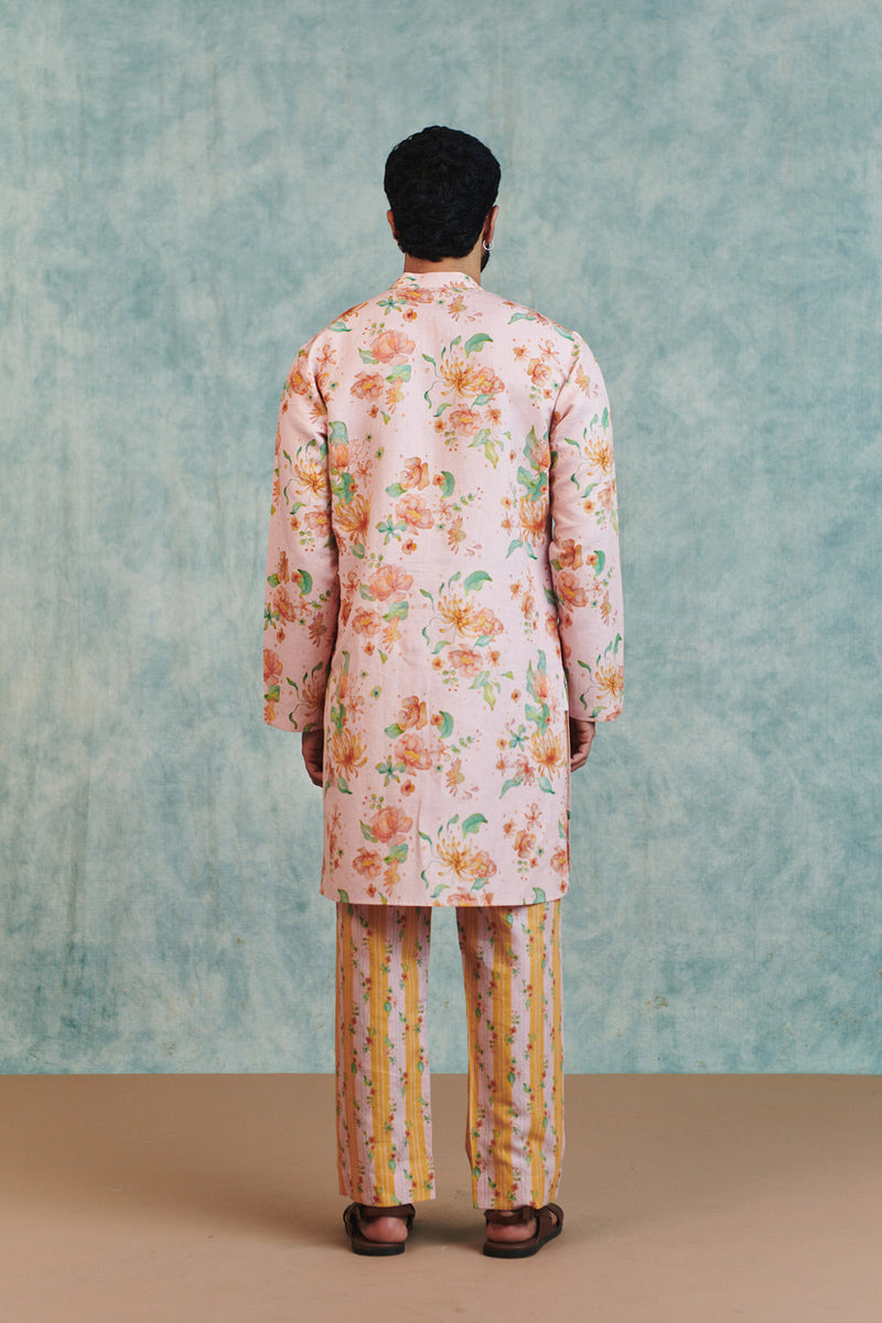 Flora Co-Linen Men's Classic Kurta cotton linen kurta/kurta set by Saphed Men in light pink for men in Singapore