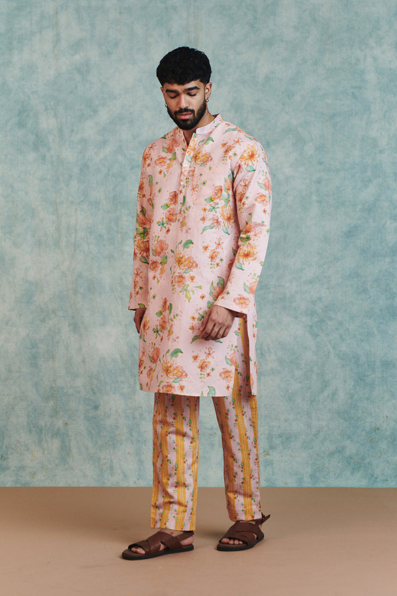 Flora Co-Linen Men's Classic Kurta cotton linen kurta/kurta set by Saphed Men in light pink for men in Singapore