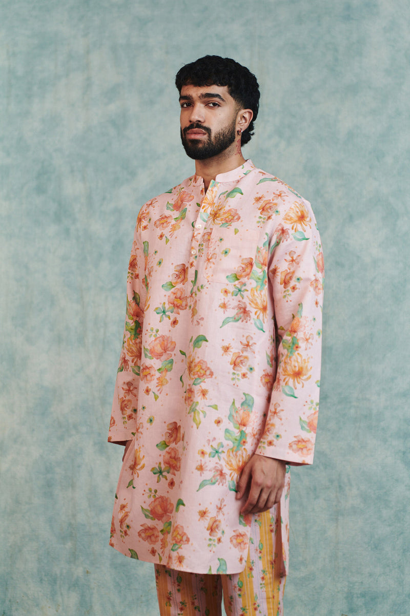 Flora Co-Linen Men's Classic Kurta Set cotton linen kurta/kurta set by Saphed Men in light pink for men in Singapore