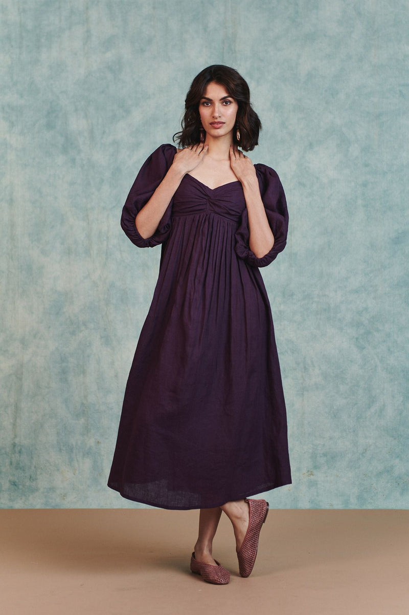 Plum Linen Front Twist Dress 100% pure linen dress by Saphed in plum for women in Singapore
