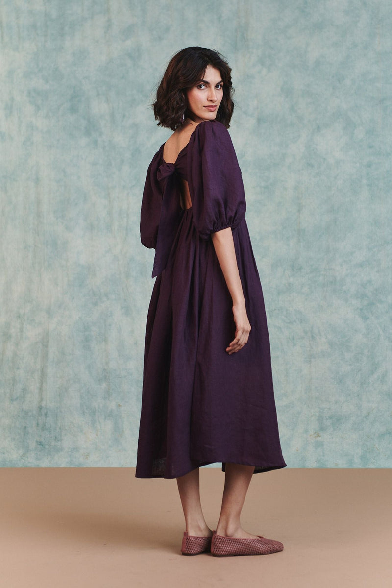 Plum Linen Front Twist Dress 100% pure linen dress by Saphed in plum for women in Singapore