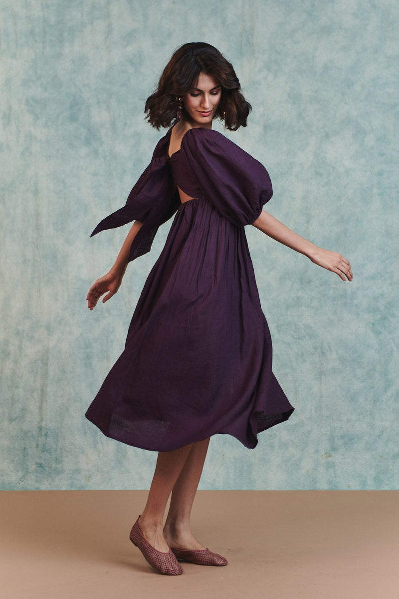 Plum Linen Front Twist Dress 100% pure linen dress by Saphed in plum for women in Singapore