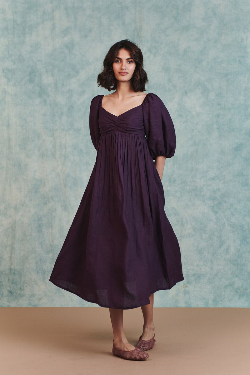 Plum Linen Front Twist Dress 100% pure linen dress by Saphed in plum for women in Singapore
