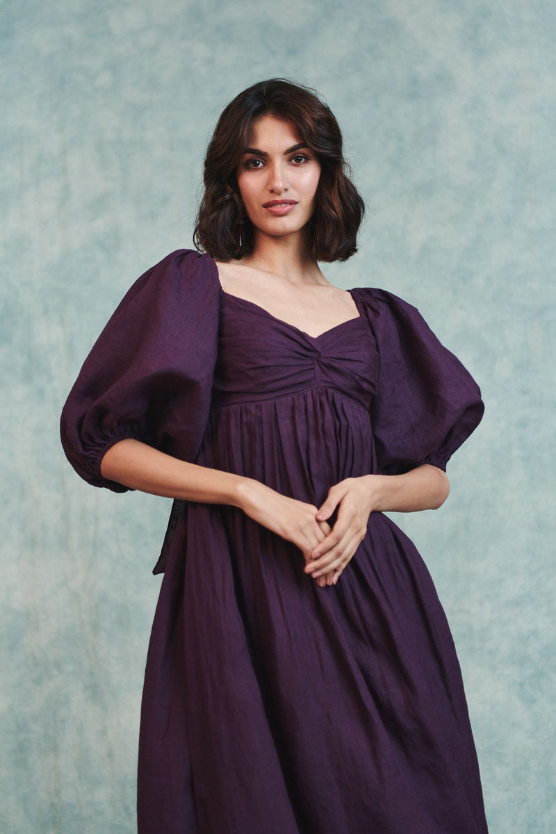 Plum Linen Front Twist Dress 100% pure linen dress by Saphed in plum for women in Singapore