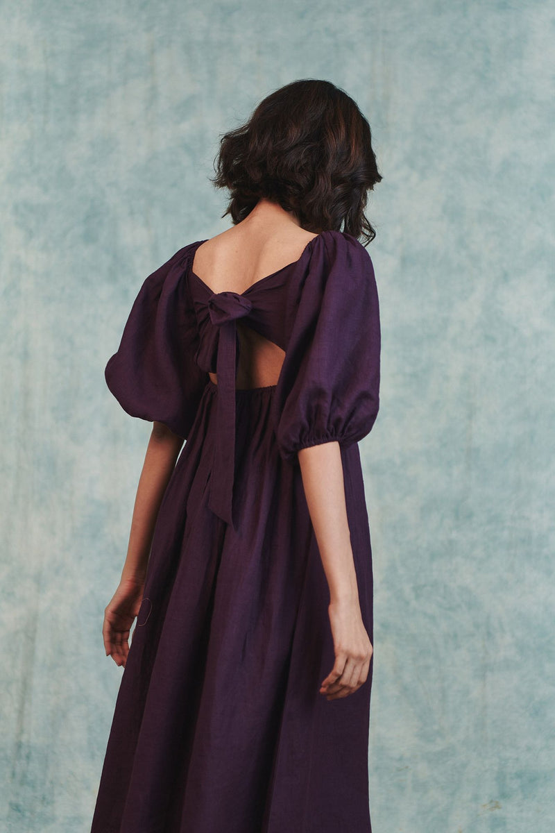 Plum Linen Front Twist Dress 100% pure linen dress by Saphed in plum for women in Singapore