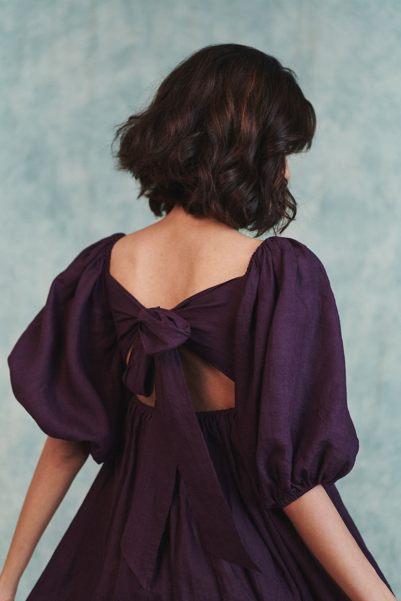 Plum Linen Front Twist Dress 100% pure linen dress by Saphed in plum for women in Singapore