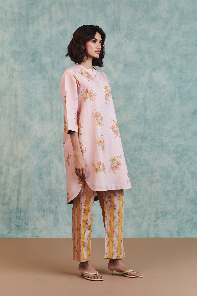 Flora Co Linen Round Hem Kurta Set cotton linen light kurta set by Saphed in pink for women in Singapore