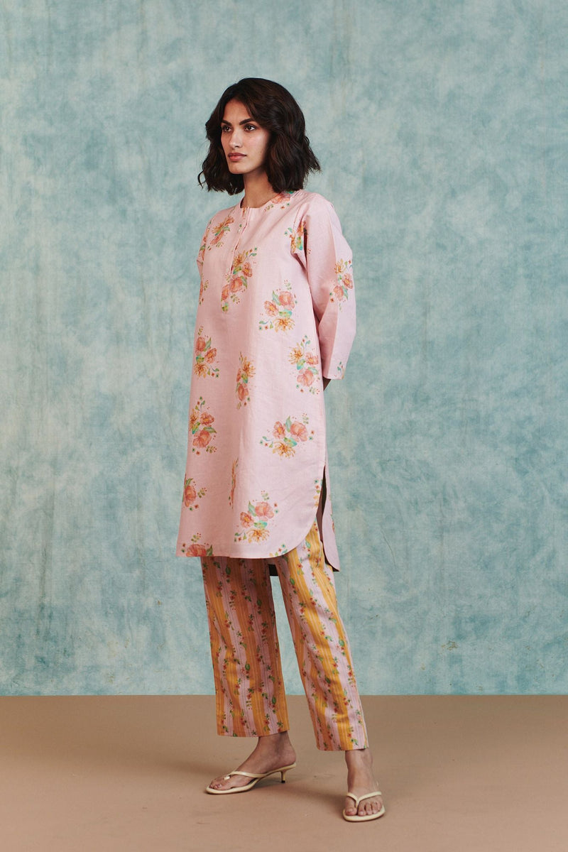 Flora Co Linen Round Hem Kurta Set cotton linen light kurta set by Saphed in pink for women in Singapore