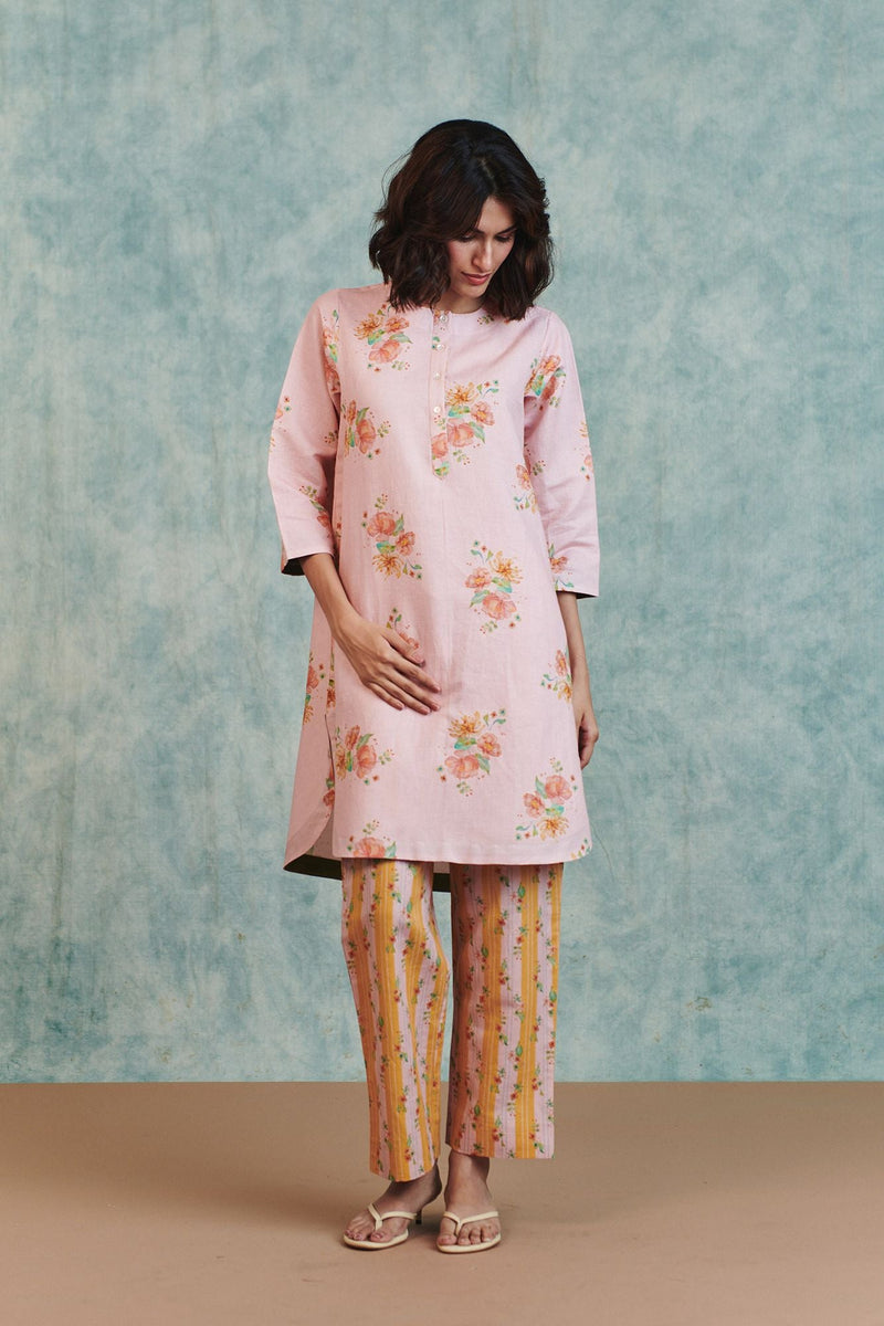 Flora Co Linen Round Hem Kurta Set cotton linen light kurta set by Saphed in pink for women in Singapore