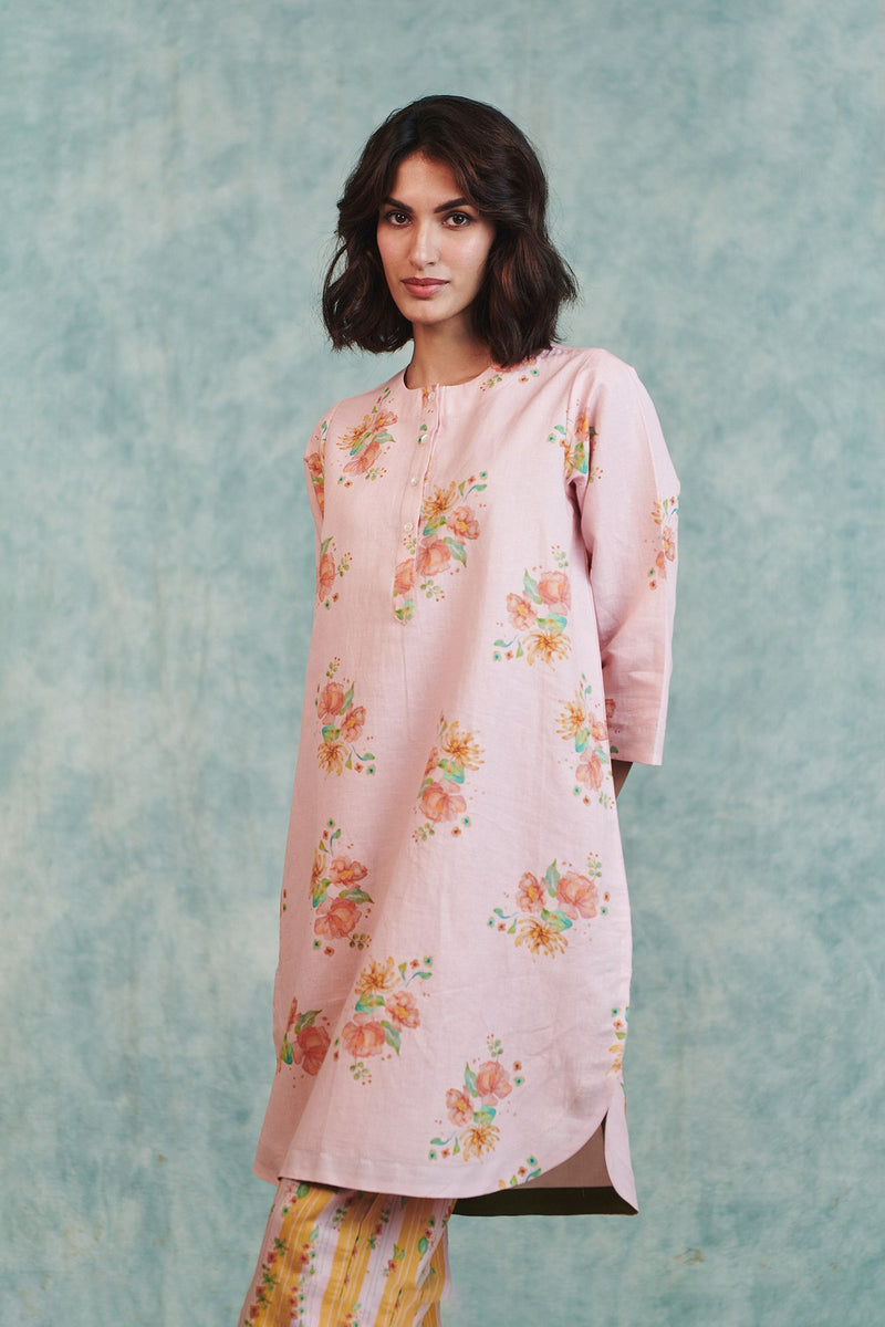Flora Co Linen Round Hem Kurta Set cotton linen light kurta set by Saphed in pink for women in Singapore